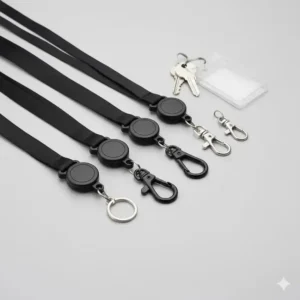 Variety of attachment clips and carabiners available for the lanyard with retractable reel for holding keys or badges.