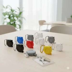 A selection of retractable badge holders with carabiner clips in multiple colors and finishes, illustrating product variety.