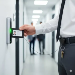 A professional quickly swiping an access card without removing it, demonstrating the convenience of the id badge holder keychain.