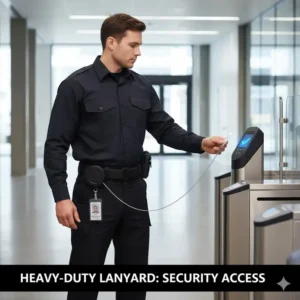Security officer quickly extending their ID badge using the heavy duty retractable lanyard for scanner access.