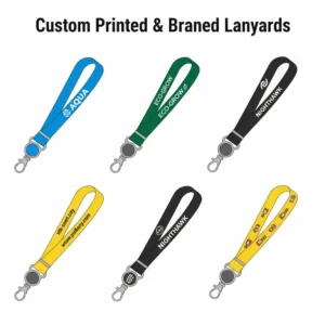Examples of customized and branded retractable lanyards for id badges with company logos.