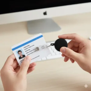 Step-by-step image of a hand attaching a slotted ID card or proximity badge to the clear plastic snap loop of a lanyard reel.