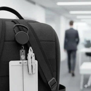 Durable carabiner style reel badge clips attached to a bag strap, ideal for holding ID cards and small tools.