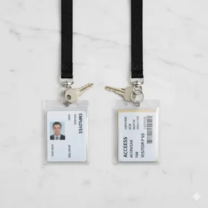 Clear plastic id badge holder keychain showing both the front window for an ID and a rear pocket for additional storage.