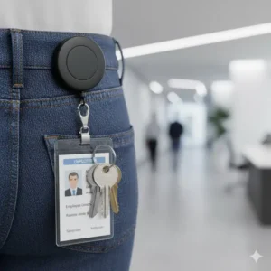 Versatile ID card reel being used to hold both a set of keys and an employee ID badge.