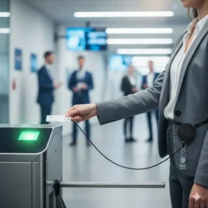 A professional using the retractable badge holder with carabiner clip to quickly swipe their access card at an office security checkpoint.