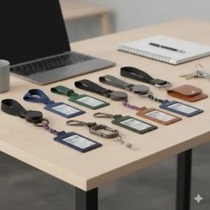 An office worker effortlessly scanning their card using the badge holder keychain reel.