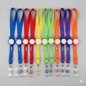 Set of assorted, colorful retractable lanyard badge holders perfect for office or school use.