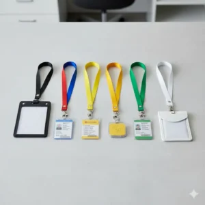 Group of various colored retractable lanyards holding different size ID badge holders.