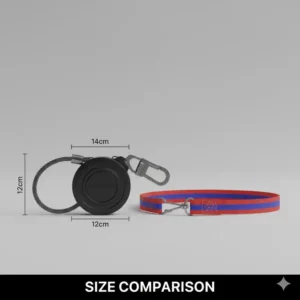 Scale image comparing the compact size of the heavy duty retractable lanyard to a standard, non-retractable lanyard.