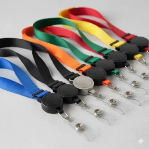 Variety of common attachments for retractable badge lanyards, including lobster claws and J-hooks for ID cards.