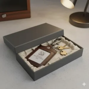 The elegant gift packaging for the ID holder and keychain, perfect for corporate gifts or personal use.