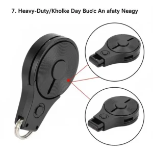 A large, heavy-duty metal lanyard reel with a stainless steel wire cable, designed for tools or outdoor use, showing its strength and durability.