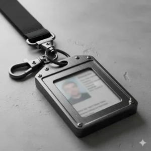 Close-up texture of the heavy-duty metal casing on the id badge holder keychain, emphasizing its durability and strength.
