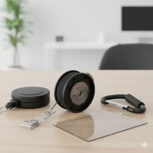 Image detailing the reinforced plastic casing and metal components of the durable retractable badge holder with carabiner clip, emphasizing its long-lasting quality.