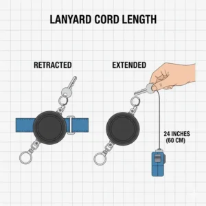 Diagram measuring the extended cord length of a standard retractable lanyard to highlight reach.