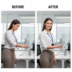 Comparing the ease of scanning an access card using a retractable lanyard badge holder versus a fixed one.