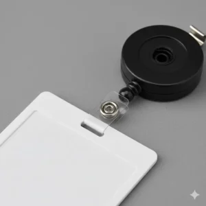 Detailed view of the clear vinyl snap and strap connector used to secure an ID badge to a reel badge clips.