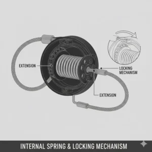Diagram illustrating the high-quality, tested internal spring and locking mechanism of the heavy duty retractable lanyard.