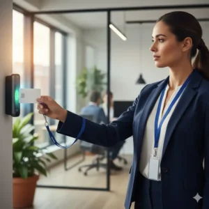 An office worker wearing a retractable lanyards for id badges in a professional setting.