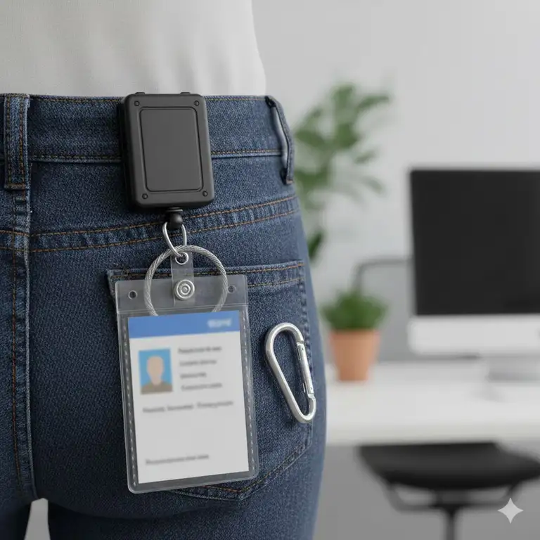 Durable retractable badge holder key ring with clear vinyl pouch and heavy-duty clip.