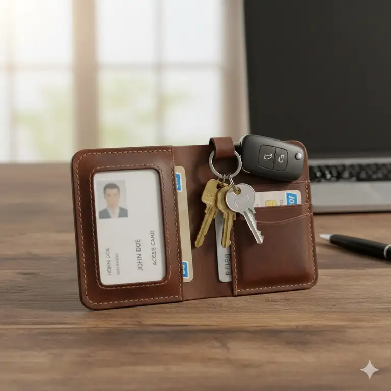 Premium leather id and key holder with a clear window and multiple pockets, holding a car key, house key, and access card.