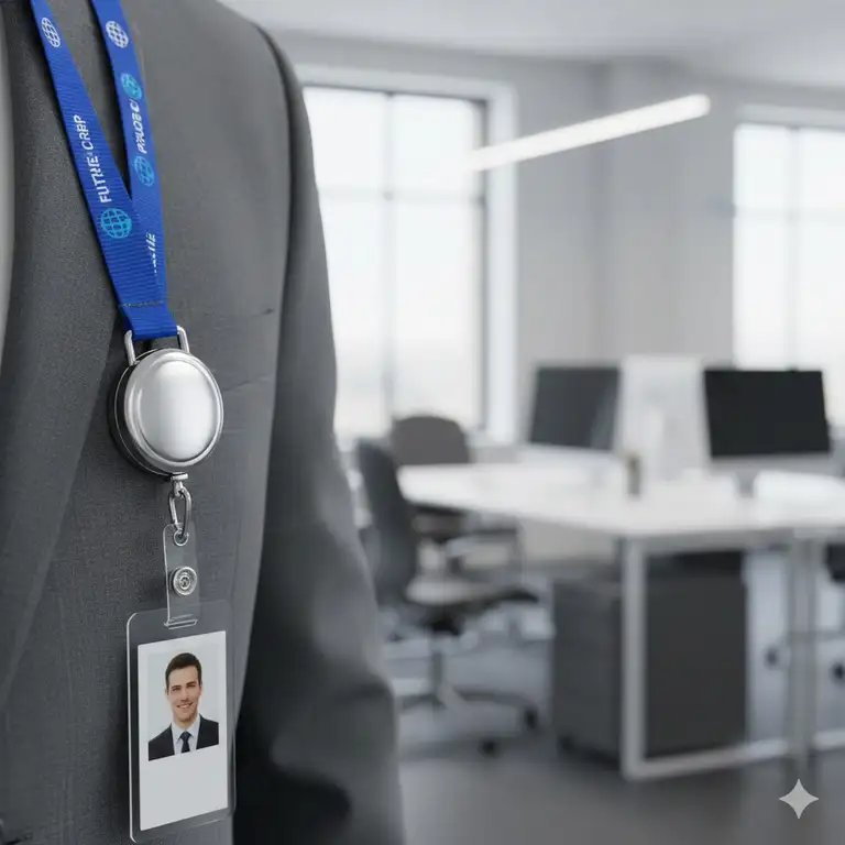 A high-quality featured photo showing a personalised retractable lanyard with a custom company logo printed on the strap and a chrome badge reel mechanism, ideal for corporate ID badges.