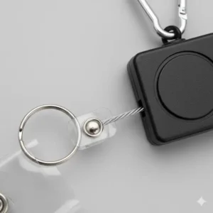 Close-up of the smooth, reliable retractable cord on the badge holder key ring mechanism.