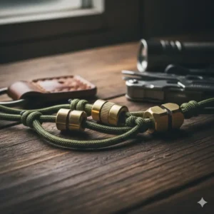 Handcrafted brass lanyard beads for everyday carry gear.