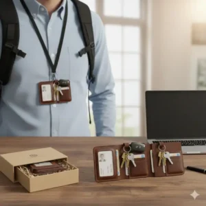 Close-up detail of the durable stitching on a brown leather id and key holder badge. 
