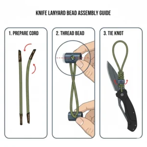 Detailed exploded view diagram showing how to install knife lanyard beads on paracord.