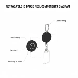 Detailed diagram showing the internal components of a retractable id badge holder belt clip.