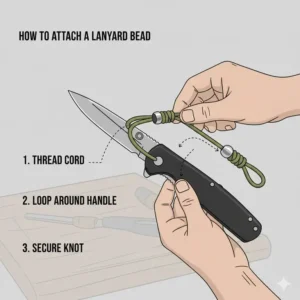 Illustration showing how to thread paracord through lanyard beads for knives and secure them to the handle.