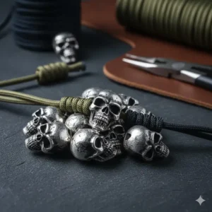Illustration 1: Close up of antique silver skull beads for paracord bracelets used for tactical lanyard designs.