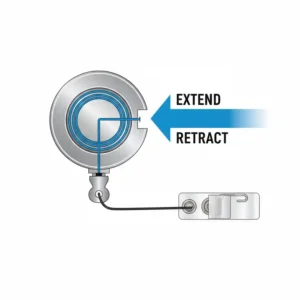Simple diagram illustrating the durable internal spring mechanism of a personalised retractable lanyard badge reel, showing how the cord extends and locks.