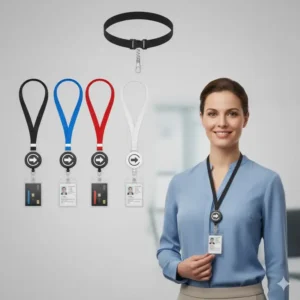 Close-up of the smooth retractable mechanism on the badge reel, showcasing the durable 30-inch nylon cord for quick scanning.