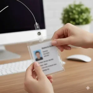Clear protective vinyl pouch of the badge holder key ring showing easy ID card insertion.