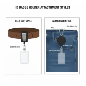 A comparison between a carabiner attachment and a standard id badge holder belt clip.