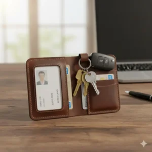 Compact id and key holder securely holding five essential keys, a driver's license, and two credit cards. 