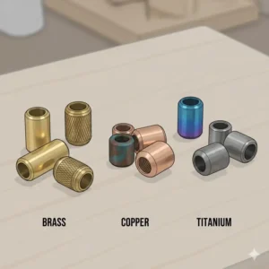 A collection of lanyard beads for knives made from various materials including polished brass, copper, and anodized titanium.