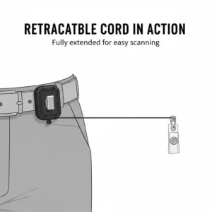 An illustration showing the vinyl strap of the retractable belt id badge holder fully extended, demonstrating the smooth retraction mechanism.