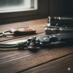 Decorative silver skull lanyard beads for custom knife lanyards.