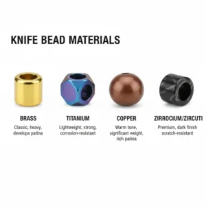 A visual comparison of various materials used for knife beads like brass, titanium, and copper.