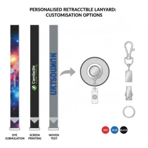 Infographic showing different ways to create a personalised retractable lanyard, including printing methods, available colors, and metal or plastic safety clip attachments.