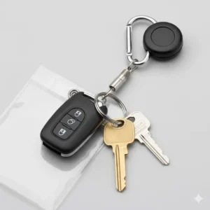 Detail of the metal carabiner clip and split ring attachment for the badge holder key ring.