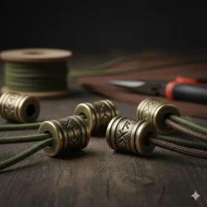 Illustration 3: Vintage style antique brass beads for paracord bracelets with Nordic rune engravings.