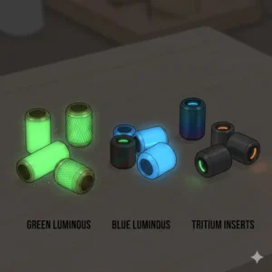 Brightly glowing green and blue lanyard beads for knives used for high visibility in low-light conditions.