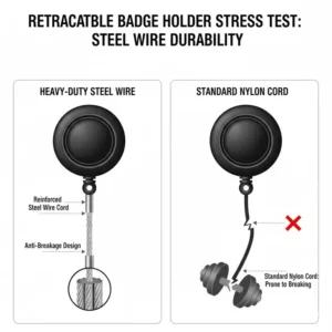 Stress test showing the durable steel cord of a high-quality id badge holder belt clip.