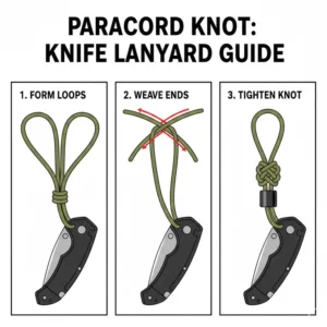 Step-by-step knot tying tutorial featuring decorative knife lanyard beads.