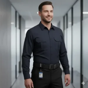Image of a security professional or employee wearing a belt id badge holder attached to their pants or belt for hands-free access.